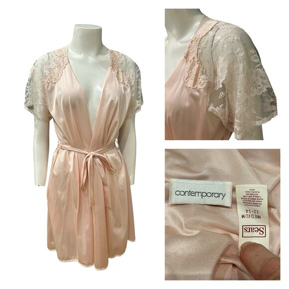 Vintage 1970s Sears Pink Lace Babydoll Robe Short Peignoir Robe / Medium - - Picture 4 of 4